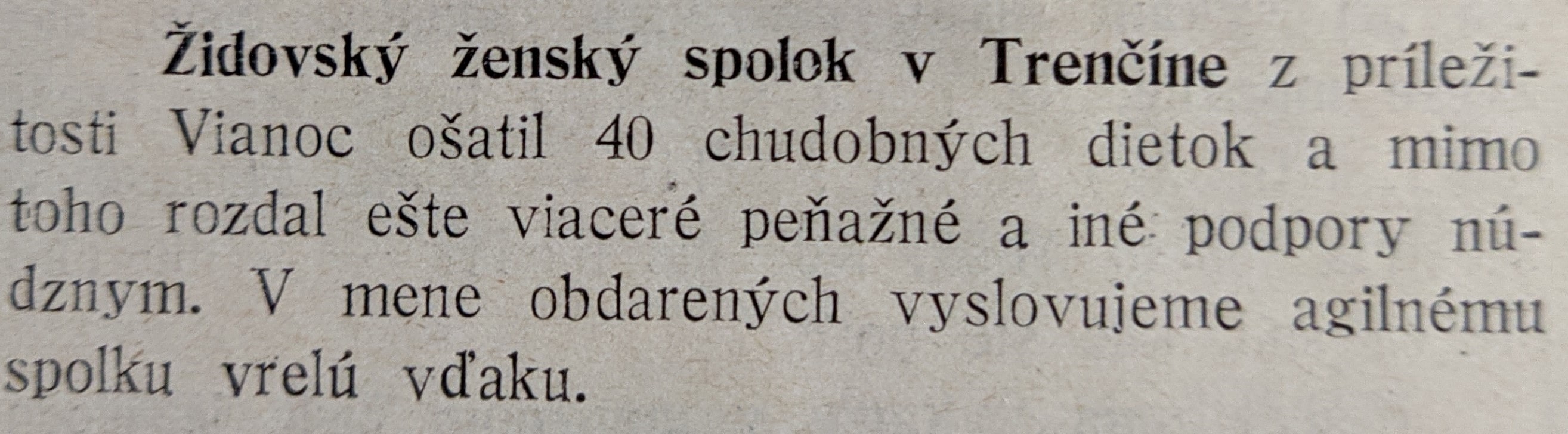 Oznam z miestnych novín „Trenčanské noviny“ 