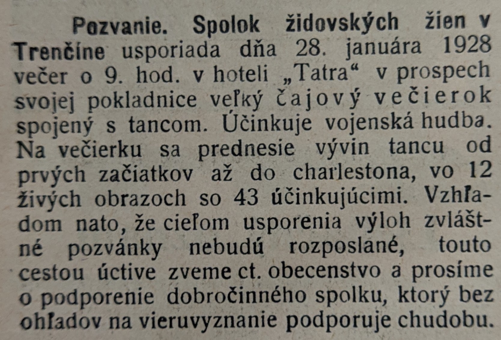 Oznam z miestnych novín „Trenčanské noviny“ 