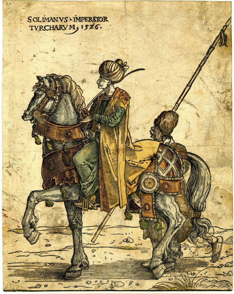 Blog Bitka pri Moháči - Sultán Sulejman I. sprevádzaný osmanským vojakom, litografia od Jana Swarta van Groningena z roku 1526. Zdroj: wikimedia.org