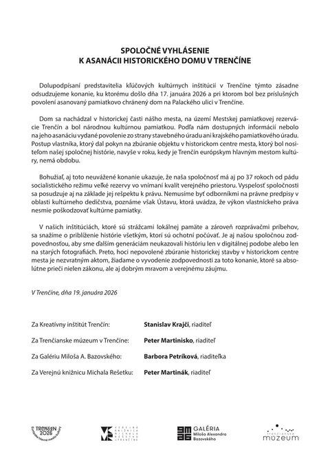 Spoločné vyhlásenie k asanácií historického domu v Trenčíne
