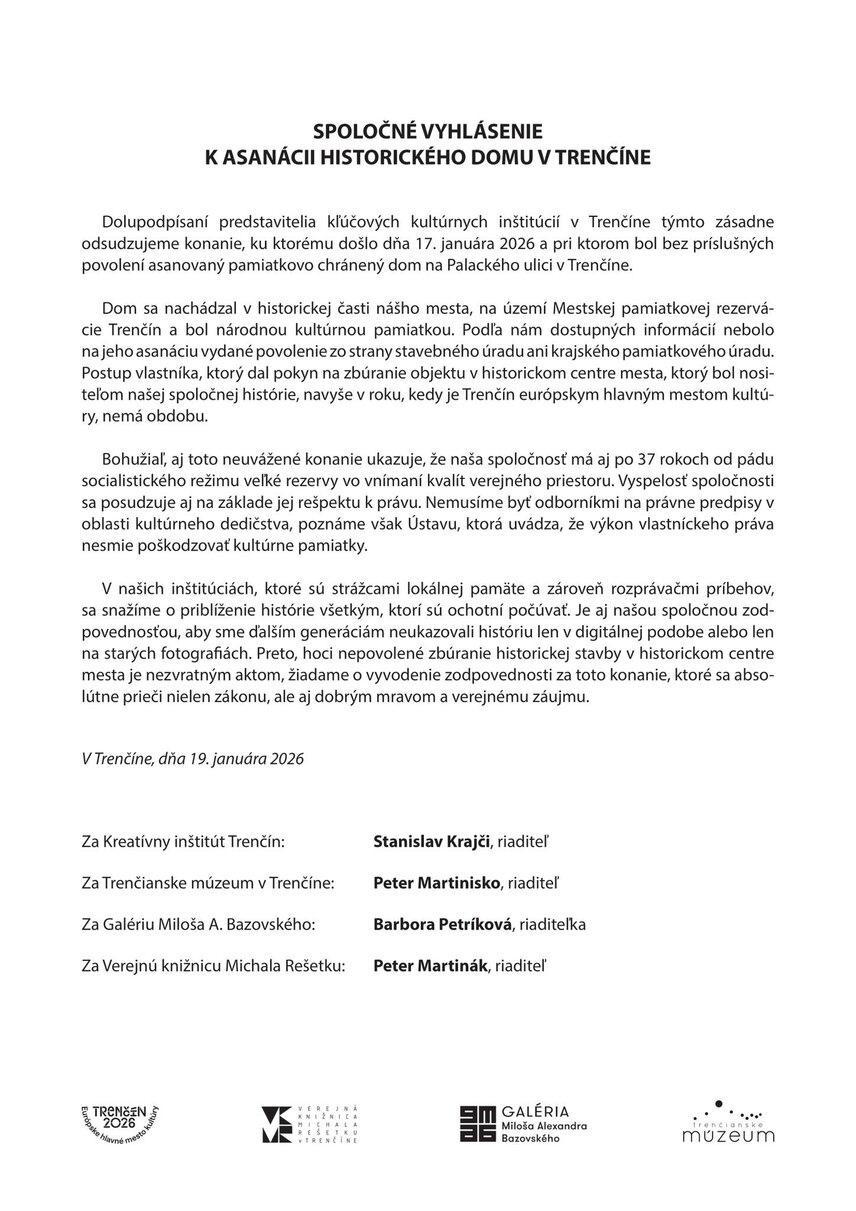 Spoločné vyhlásenie k asanácií historického domu v Trenčíne